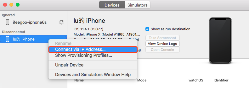 xcode-window-devices-and-simulators-disconnected-connect-via-ip-address