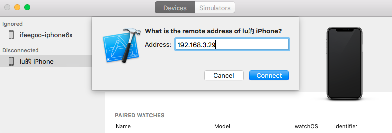 xcode-window-devices-and-simulators-disconnected-connect-via-the-ip-address